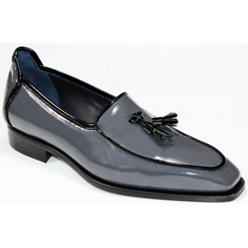 Duca Di Matiste "Fano" Grey / Black Genuine Italian Patent Leather Tassel Loafer Shoes.